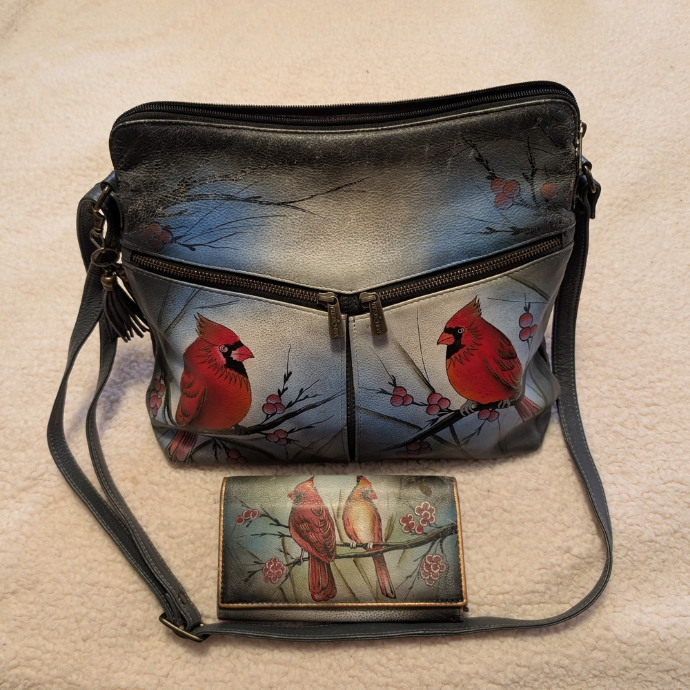 Anuschka Blue and Red Cardinal Shoulder Bag